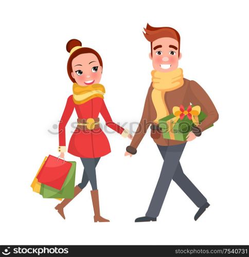 Man and woman do shopping together. Attractive female and handsome male with presents and bags. Christmas holidays celebration, cartoon people isolated. Man and Woman Do Shopping Together Xmas Eve Couple