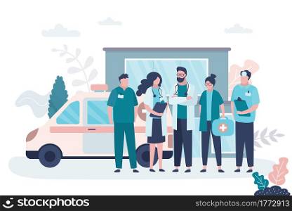 Man and woman doctors. First aid, medical services concept. Group of female and male characters in uniform. Ambulance car, hospital or private clinic building on background. Flat vector illustration. Man and woman doctors. First aid, medical services concept. Group of female and male characters in uniform. Ambulance car