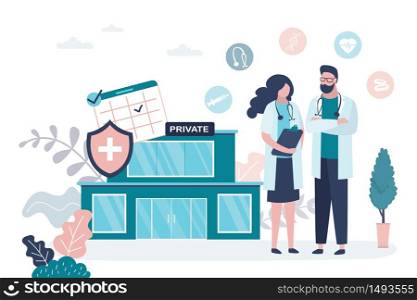 Man and woman doctors. Medical services concept. Female and male characters in uniform. Hospital or private clinic building on background. Flat vector illustration