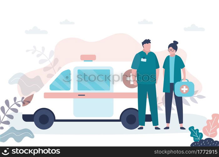 Man and woman doctors near ambulance van. Medical services concept. Emergency, medical transport and staff in professional uniform. First aid, characters in trendy style. Flat vector illustration. Man and woman doctors near ambulance van. Medical services concept. Emergency, medical transport and staff in professional uniform. First aid