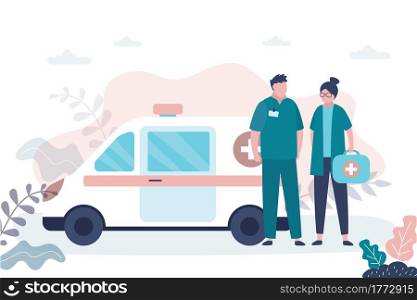 Man and woman doctors near ambulance van. Medical services concept. Emergency, medical transport and staff in professional uniform. First aid, characters in trendy style. Flat vector illustration. Man and woman doctors near ambulance van. Medical services concept. Emergency, medical transport and staff in professional uniform. First aid