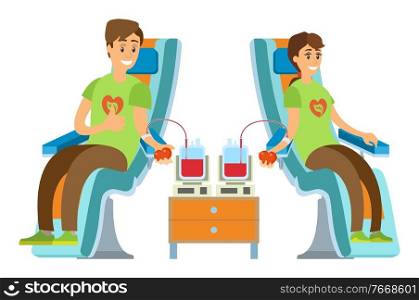 Man and woman donors sitting with needle in arm, blood donation, people volunteering, charity and healthcare, illness treatment, transfusing vector. Blood Transfusing, Volunteer Healthcare Vector