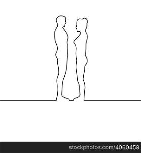 man and woman drawn with one line,the groom and the bride, concept of the relationship between a girl and guy, circuit couples. Vector illustration for print or website design. man and woman drawn with a single line