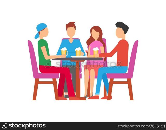 Man and woman drinking alcoholic beverage vector. Friends relaxing in weekend spending time in bar. People talking friendly and enjoying closeness. Friends Drinking Beer in Pub, People Relaxing