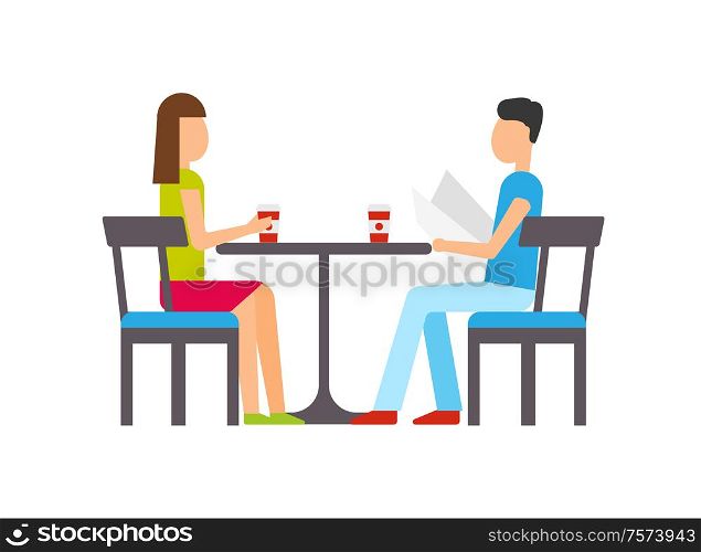 Man and woman drinking coffee at coffeehouse vector. Man reading printed menu, couple with hot beverages in cup, dining male with female by table. Couple Dining Restaurant, People Sitting by Table
