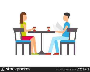 Man and woman drinking coffee at coffeehouse vector. Man reading printed menu, couple with hot beverages in cup, dining male with female by table. Couple Dining Restaurant, People Sitting by Table