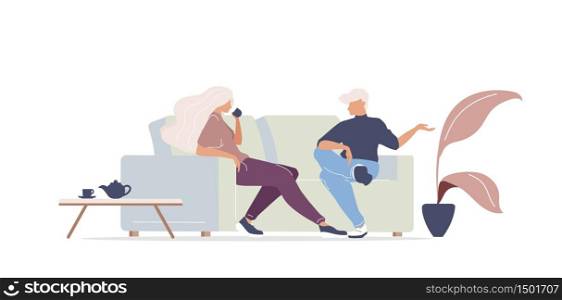 Man and woman drinking coffee flat color vector faceless characters. Friends meeting at home. Couple relaxing in coffee house isolated cartoon illustration for web graphic design and animation. Man and woman drinking coffee flat color vector faceless characters