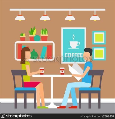 Man and woman drinking coffee in a coffeehouse vector. Man reading menu with desserts and drinks. Interior of place, shelves and pictures on wall. Coffeehouse Visitors, Couple Having Coffee Inside