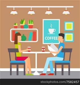 Man and woman drinking coffee in a coffeehouse vector. Man reading menu with desserts and drinks. Interior of place, shelves and pictures on wall. Coffeehouse Visitors, Couple Having Coffee Inside