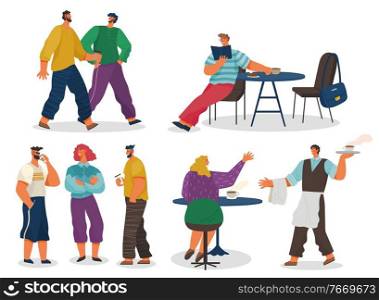Man and woman drinking coffee indoor or outdoor. People characters holding cup of beverage and speaking. Waiter carrying mug for female, male sitting at table and reading with cappuccino vector. People Drinking Coffee Cafe Set Element Vector