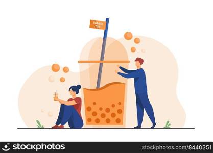 Man and woman drinking takeaway bubble tea. People with disposal transparent glass of cold milk boba beverage. Vector illustration for summer, refreshment, coffee shop concept