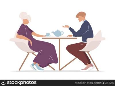 Man and woman drinking tea flat color vector faceless characters. Friends meeting. People drinking hot beverages and talking isolated cartoon illustration for web graphic design and animation. Man and woman drinking tea flat color vector faceless characters