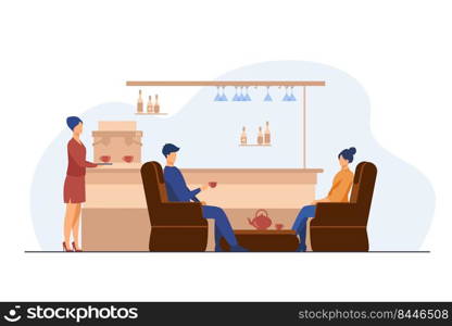 Man and woman drinking tea on cafe. Glass, armchair, cup flat vector illustration. Leisure and urban lifestyle concept for banner, website design or landing web page