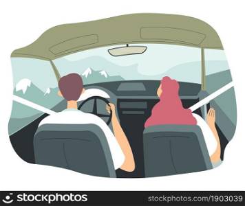 Man and woman driving car, male and female characters sitting in automobile looking out window. Couple on trip to mountains, freedom and relaxation, spending weekends together. Vector in flat style. Couple driving car, vacations nature with mountain