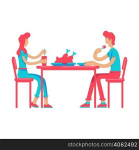 Man and woman eating dinner together semi flat color vector characters. Sitting figures. Full body people on white. Simple cartoon style illustration for web graphic design and animation. Man and woman eating dinner together semi flat color vector characters
