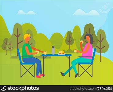 Man and woman eating food prepared on nature vector, couple sitting by table enjoying meal together. Trees and sunny weather, camping and picnic in summer. Couple Camping in Forest, People Eating in Park