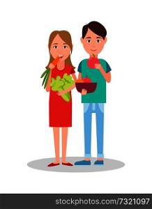 Man and woman eating, poster with couple, male with apples and female with carrot and broccoli, vector illustration, isolated on white background. Man and Woman Eating Poster Vector Illustration