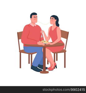 Man and woman eating spaghetti flat color vector detailed characters. Romantic dinner in cafe. Relationship anniversary isolated cartoon illustration for web graphic design and animation. Man and woman eating spaghetti flat color vector detailed characters