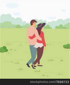 Man and woman embracing outdoor on harvest festival in Europe. Couple in casual clothes walking on green land with bushes. Back view of male and female characters, lovers romantic day vector. Embracing Lovers on Festival in Europe Vector