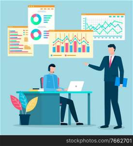 Man and woman employees cooperating and discussing graph report on workplace. Worker female using computer sitting at desktop. People teamwork strategy and growth chart business success vector. Workers Teamwork Strategy and Graph Report Vector