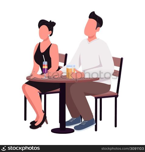 Man and woman enjoying drinks on first date semi flat color vector characters. Sitting figures. Full body people on white. Simple cartoon style illustration for web graphic design and animation. Man and woman enjoying drinks on first date semi flat color vector characters