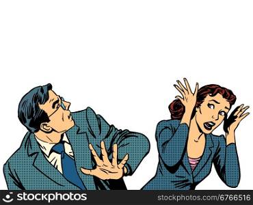 Man and woman escape the panic fear retro style pop art. Man and woman running away fear of panic