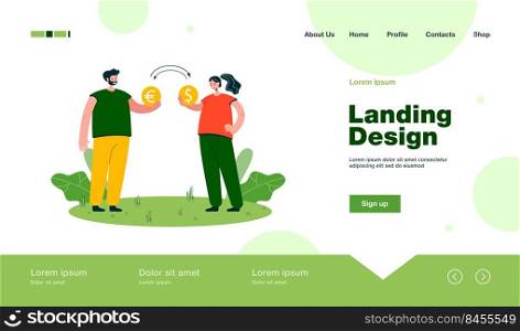 Man and woman exchanging money. Male character giving euro coin, female with dollar coin flat vector illustration. Currency exchange, finance concept for banner, website design or landing web page