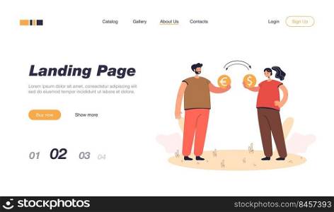 Man and woman exchanging money. Male character giving euro coin, female with dollar coin flat vector illustration. Currency exchange, finance concept for banner, website design or landing web page