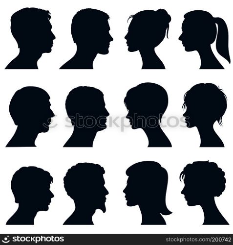 Man and woman face profile vector silhouettes. Silhouette of human head, illustration of silhouette view side head. Man and woman face profile vector silhouettes