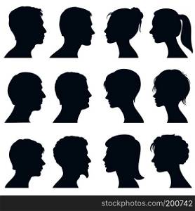 Man and woman face profile vector silhouettes. Silhouette of human head, illustration of silhouette view side head. Man and woman face profile vector silhouettes