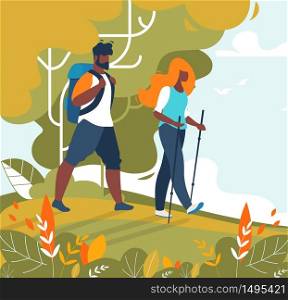Man and Woman Family Couple Tourists Trekking and Hiking. Male and Female with Equipment and Backpack on Walk. Natural Cartoon Scene. Beautiful Flat Nature Landscape. Vector Illustration. Man and Woman Couple Tourists Trekking and Hiking