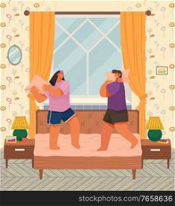 Man and woman fighting with pillows jumping on bed. Couples in bedroom having fun. Honeymoon of newlywed in hotel room. Interior of home with nightstands and cute l&s, vector in flat style. Pillow Fight of Couple in Bedroom, Man and Woman