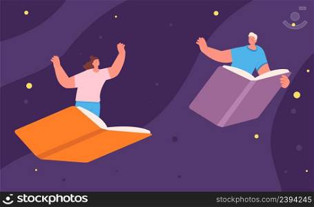 Man and woman flying on books. Book reading challenge, competition for readers. Happy student, education progress and success vector concept. Illustration of woman and man fly with books. Man and woman flying on books. Book reading challenge, competition for readers. Happy student, education progress and success vector concept