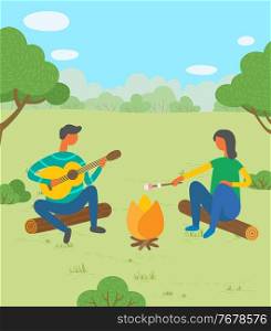 Man and woman friends c&ing. They are sitting around c&fire and playing guitar, toast marshmallows. Tourist group on a forest walk or holiday c&play music, cook food at the stake on a weekend. Man and woman friends c&ing. They are sitting around c&fire, playing guitar, toast marshmallows
