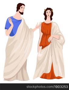 Man and woman from ancient rome wearing robes and dress. Isolated people from roman empire in clothes traditional for old times. Historical representation of appearance. Vector in flat style. Roman empire, man and woman in clothes vector