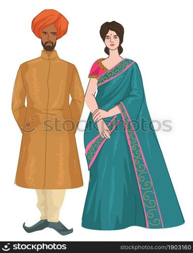 Man and woman from India wearing traditional clothes, isolated couple on wedding ceremony or holidays. Male and female characters, fashion and clothing of Indian people. Vector in flat style. Indian couple man and woman in traditional clothes