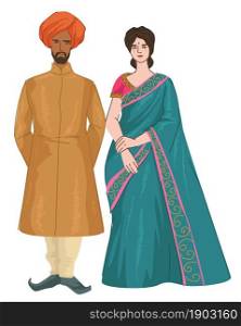 Man and woman from India wearing traditional clothes, isolated couple on wedding ceremony or holidays. Male and female characters, fashion and clothing of Indian people. Vector in flat style. Indian couple man and woman in traditional clothes