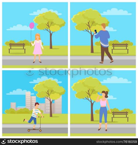 Man and woman full length view in casual clothes near bench, sporty female, boy on scooter, girl holding balloon, male going with phone, park vector. Activity in Park, Man and Woman Outdoor Vector