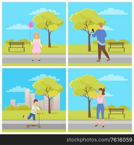 Man and woman full length view in casual clothes near bench, sporty female, boy on scooter, girl holding balloon, male going with phone, park vector. Activity in Park, Man and Woman Outdoor Vector