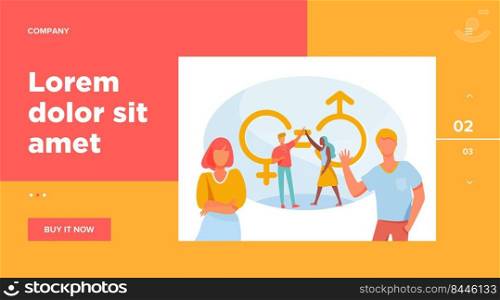 Man and woman giving high five. Male and female characters with gender symbols and equal marks. Vector illustration for equality, discrimination, diversity concept
