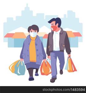 Man and woman go shopping during coronavirus pandemic in medical masks with packages and purchases in hands. Man and woman in masks go shopping
