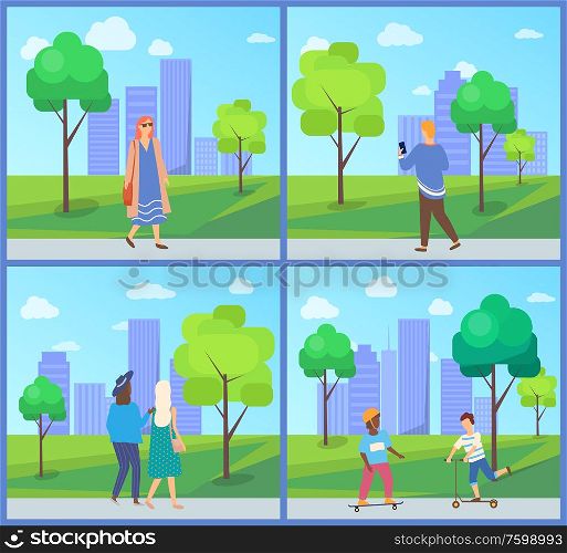 Man and woman going in city park, children activity on skateboard and scooter, people character walking near building and trees, person outdoor vector. People Walking in City Park, Recreation Vector