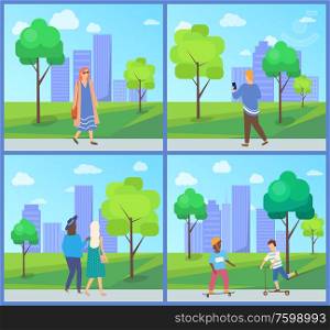 Man and woman going in city park, children activity on skateboard and scooter, people character walking near building and trees, person outdoor vector. People Walking in City Park, Recreation Vector