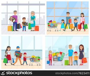 Man and woman going with package in truck, shopping day. Parents and children holding colorful box and bag, smiling shoppers in supermarket vector, family shopping. Flat cartoon. Family in Supermarket, People with Bags Vector