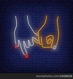 Man and woman hands holding little fingers neon sign. Friendship, love, advertisement design. Night bright neon sign, colorful billboard, light banner. Vector illustration in neon style.