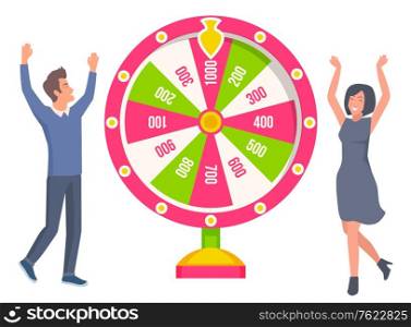 Man and woman happy to win money in fortune wheel vector, couple playing games. Gamblers raising hands up, people with slot machine in casino flat style. Couple Playing in Fortune Wheel and Winning Money