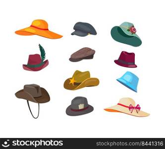 Man and woman hats flat icon set. Cartoon vintage headwear, caps and panamas isolated vector illustration collection. Fashion and wearing concept