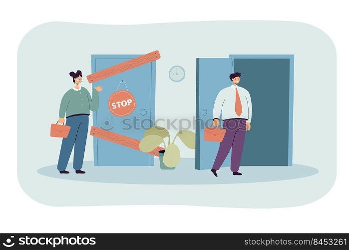 Man and woman having different business possibilities isolated flat vector illustration. Cartoon lady standing in front of close door. Woman discrimination and social inequality concept