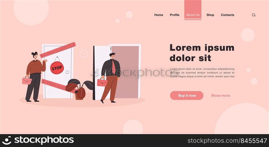 Man and woman having different business possibilities isolated flat vector illustration. Cartoon lady standing in front of close door. Woman discrimination and social inequality concept