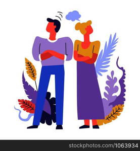 Man and woman having problems in married life together vector people dont want to talk to each other fight and crisis disputes and proud behavior offenses and angry couple flowers decoration. Man and woman having problems in married life together